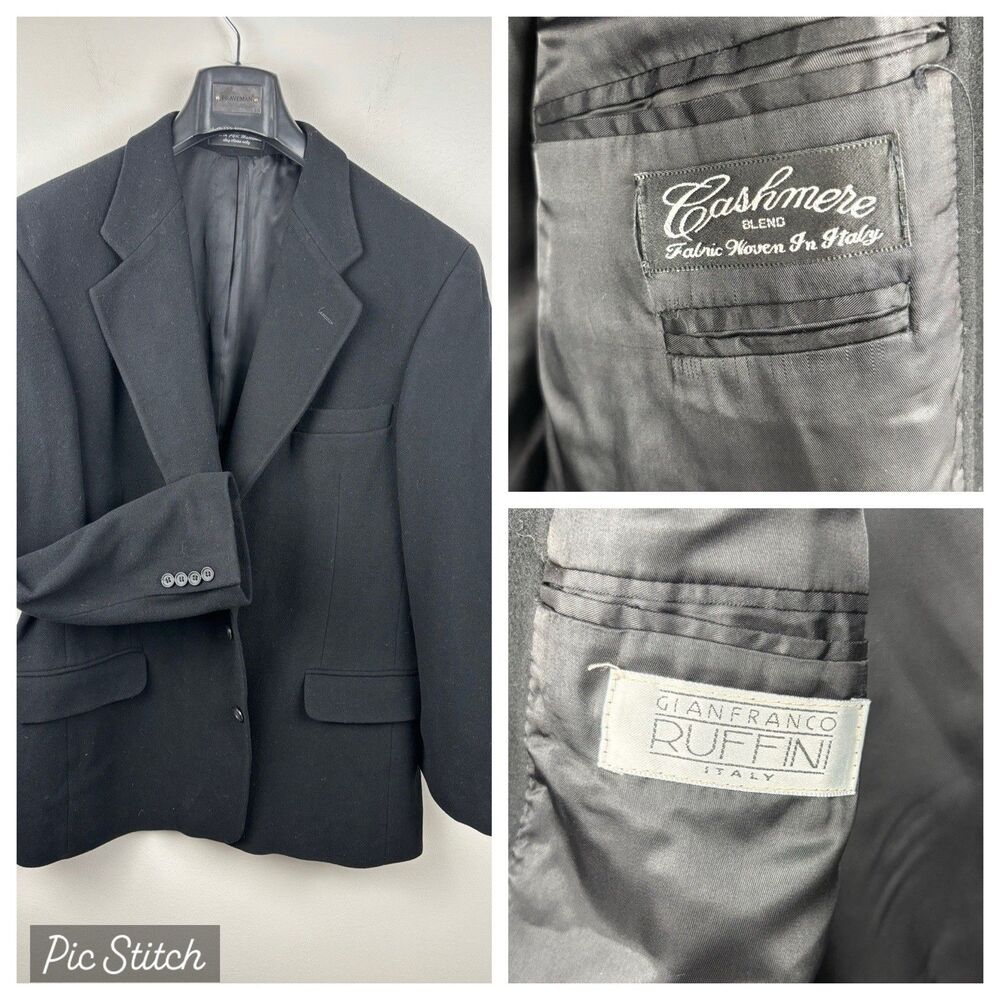 Gianfranco Ruffini Coat Men 44R Black Cashmere Blend Italy Blazer Jacket Sport